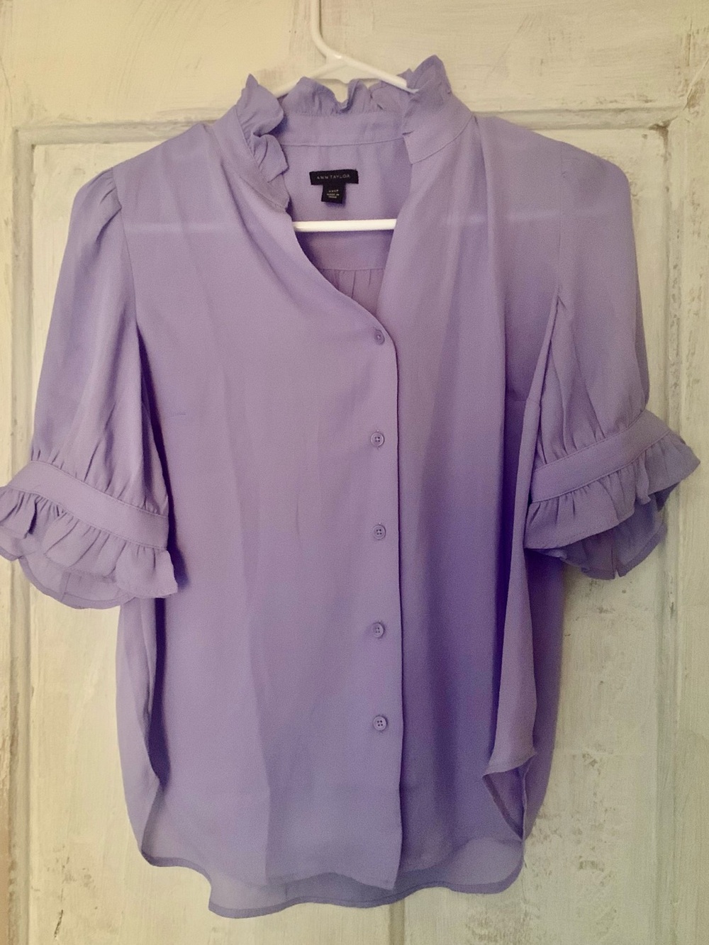 Ann Taylor Petite Lavender Ruffle Collar Blouse